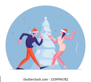 Man and Woman Couple Having Fun on New Year Holidays Event with Music and Fir Tree. Happy People in Santa Hats Dancing on Corporate or Home Christmas Party Celebration Cartoon Flat Vector Illustration