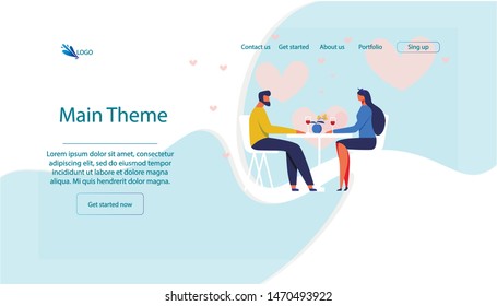 Man and Woman Couple Having Romantic Dinner in Restaurant Cartoon Flat Banner Vector Illustration. Eating out on Date. Girl and Boy Drinking Wine Glass. Web Design for Restaurant or Cafe.