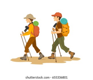 Man And Woman, Couple Hikers Traveling Trekking With Backpacks Isolated Vector Illustration