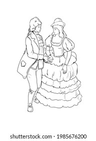 Hombre y mujer, pareja con traje histórico del siglo XVIII. Vestido, peluca, camisol. Dibujo en vector.