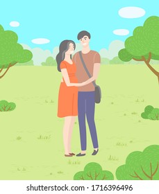Man and woman, couple holding hands or hugging and walking in park vector. Girl and guy, boyfriend and girlfriend, date on nature, romance and dating