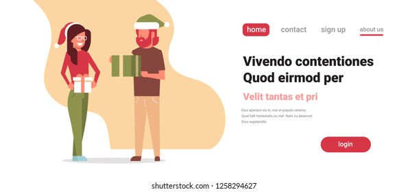 man woman couple holding present gift box merry christmas happy new year holiday concept flat horizontal copy space