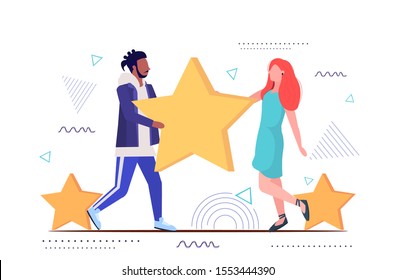 man woman couple holding review stars customers rating client feedback satisfaction level concept sketch full length horizontal vector illustration