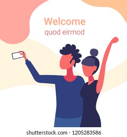man woman couple holding smartphone taking selfie standing together photo male female cartoon character flat horizontal copy space portrait vector illustration