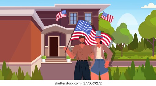 man woman couple holding usa flags celebrating 4th of july american independence day concept portrait horizontal vector illustration