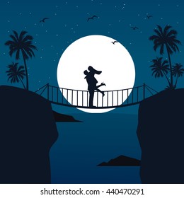 Man Woman Couple Hug Silhouette With Moon In The Background At Bridge Romantic Scene