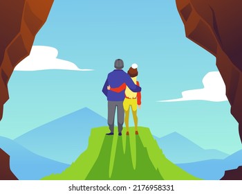 Man and woman couple hugging on top of mountain or cliff, looking at nature landscape, flat vector illustration. Travelers or explorers characters with backpacks. Concept of hiking and adventure.