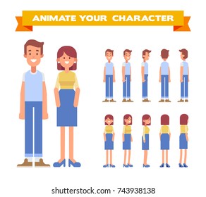 Man and woman couple. Husband and wife. Front, side, back, 3/4 view characters. Cartoon style, flat vector illustration.