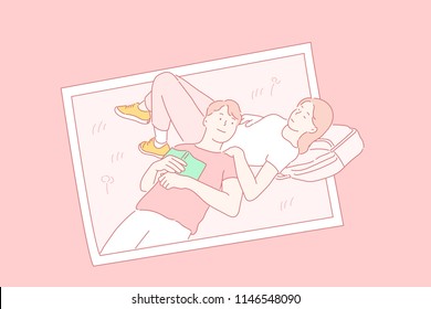 A man and a woman couple are laid comfortably on the lawn. Photo frame concept. hand drawn style vector design illustrations.