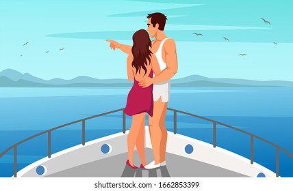 Man and woman couple in love enjoying picturesque view from ship deck. Male and female character hugging admire water scene with mountains silhouette on landscape and seagulls in sky. Romantic trip