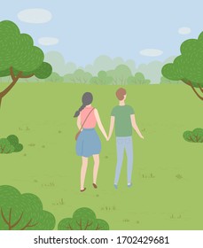 Man and woman, couple in love holding hands and walking in park vector. Characters standing back, date on nature, girl and guy, boyfriend and girlfriend