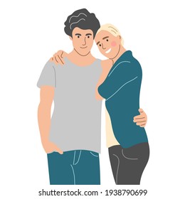 A man and a woman, a couple in love, are hugging each other. A waist-high portrait. Flat vector illustration.