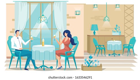 Man Woman Couple in Love on Romantic Dinner in Cafe. Romance and Dating for Lovers. Gentleman and Lady Drinking Wine and Chatting. First Date. Anniversary Celebration. Vector Flat Cartoon Illustration