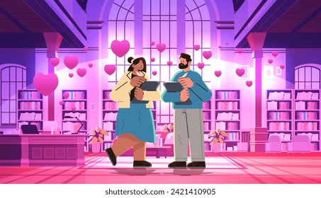 pareja de mujeres enamoradas leyendo libros en la biblioteca con corazones rosados feliz concepto de celebración del día de San Valentín horizontal