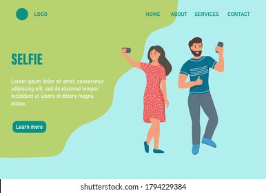 A man and a woman, a couple in love take a selfie. Website homepage landing web page template. The concept of daily life. Flat cartoon vector illustration.
