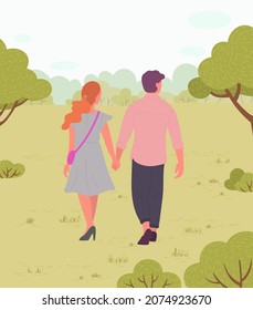 Man and woman, couple in love walking in green park and looking far away at forest on horizon. Romantic relationship, date on nature, girl and guy together, dating or romance, lovers back view