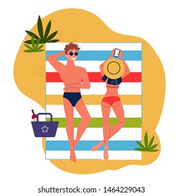 Man and woman couple lying on the beach. Summer holiday and vacation. Smiling girl in bikini. Isolated vector illustration in cartoon style