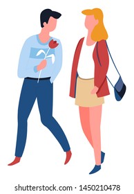 Man and woman couple on date walking love isolated male and female characters vector girl with purse and guy with rose flower boyfriend and girlfriend relationship husband and wife lovers romance.