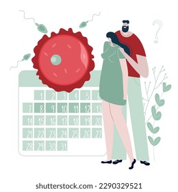 The  man and woman, couple planning pregnancy. They want to have baby and become parents. Illustration with  calendar, egg cell and sperm cell good for medical clinic poster or UI UX design apps.