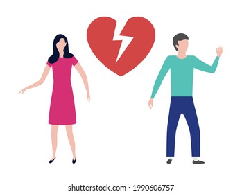 man and woman couple with red heart broken cartoon icon isolated on white background