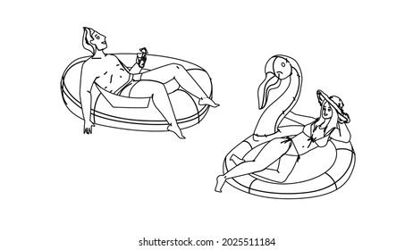 Man And Woman Couple Resting On Pool Party Black Line Pencil Drawing Vector. Young Boy And Woman Floating On Lifebuoy And Drinking Drinks On Pool Party Together. Characters Relaxation Illustration