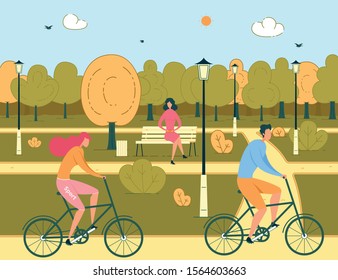 Man and Woman Couple Ride Bicycles in Public Park