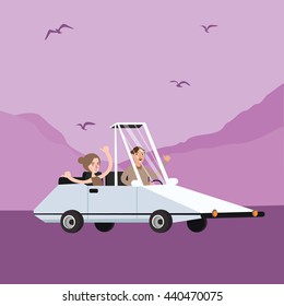 Man Woman Couple Riding Funny Weird Shaped Car Cartoon Illustration