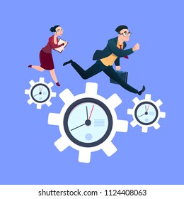 man woman couple running on clock cogwheels over blue background gear deadline process strategy concept flat vector illustration