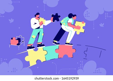 Man And Woman Couple Silhouette Building Puzzle Bridge In Business Future. Abstract Concept Businessman And Businesswoman Characters Creating Relationship At Purple Background. Vector Illustration.