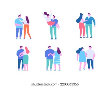 Man and woman, couple silhouette flat vector set isolated on white. Romantic pair, valentines