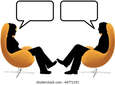A man woman couple sit in egg chairs facing each other and talk