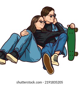 a man and woman couple sitting holding a skateboard, both wearing the same sunglasses and blue jeans
