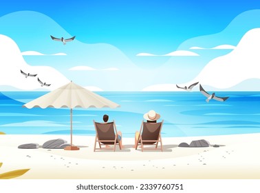 man woman couple sitting together under umbrella on tropical beach summer vacation time to travel concept