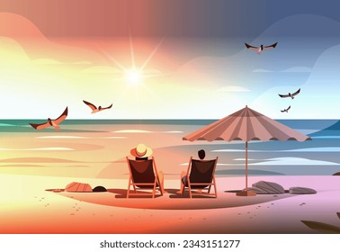 man woman couple sitting together under umbrella on tropical beach summer vacation time to travel concept