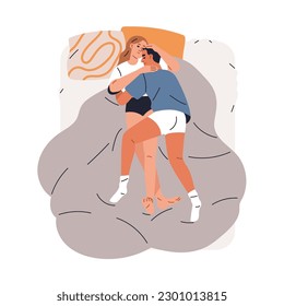 Man and woman couple sleeping together, cuddling. Loving tender girl and guy hugging, dreaming in bed. Young wife and husband asleep, embracing. Flat vector illustration isolated on white background