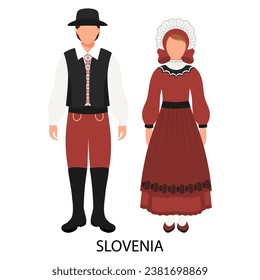 Man and woman, couple in Slovenian folk costumes. Culture and traditions of Slovenia. Illustration, vector