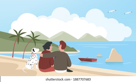 Man and woman couple spend time with pet on sea beach together, relaxing with own dog outside, loving domestic animals vector illustration