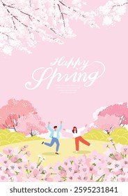 A man and woman couple spending a sunny spring day on a hill in a field with cherry blossom trees in full bloom
