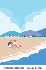 A man and woman couple spending their vacation on a summer beach
