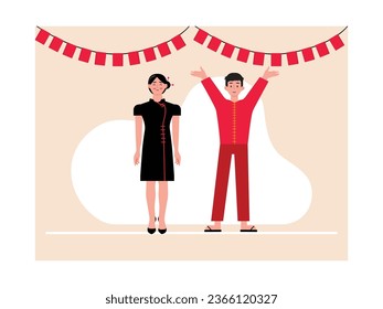Man and woman couple standing celebrating festival in China, wearing traditional cultural clothing. Character design. Vector flat illustration