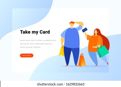 Man Woman Couple standing with Credit card and Shopping bags Flat vector illustration. Landing Page design template.