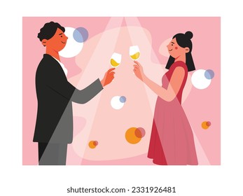 Man and woman couple standing looking at each other and holding glasses of champagne, happy romantic valentines day with couple. Vector flat illustration