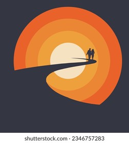 A man and woman couple stroll down a path into the graphic setting sun design in an illustration about the path of love and life.