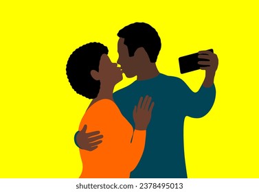 Man and woman couple take selfie on smartphone kissing. Young couple in love makes selfie portrait. Young couple kissing. Romantic couple relationship in colorful vector.