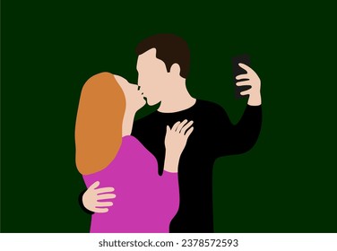 Man and woman couple take selfie on smartphone kissing. Young couple in love makes selfie portrait. Young couple kissing. Romantic couple relationship in colorful vector.