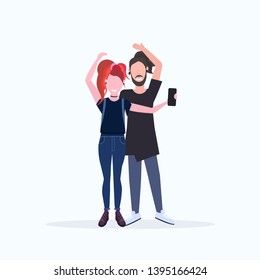 man woman couple taking selfie photo on smartphone camera male female cartoon characters embracing posing on white background flat full length