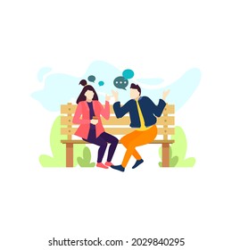 man and woman couple talking about love on park benches people character flat design vector illustration