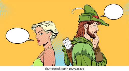 Man and woman. Couple thinking about something. Surprised pair. Modern girl and Medieval legend. Robin Hood. Defender of weak. Heroes of medieval legends. Halftone background. Surprised man.