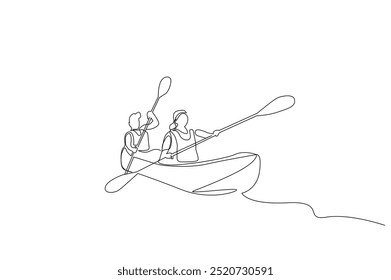 Hombre Mujer Pareja Juntos Bote Kayak Canoa Deporte Acuático Estilo de Vida Una Línea Vector de Diseño de Arte