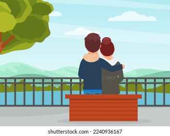 Man and Woman Couple Traveler Sitting on Bench and Watching Distant Mountains Engaged in Tourism Vector Illustration